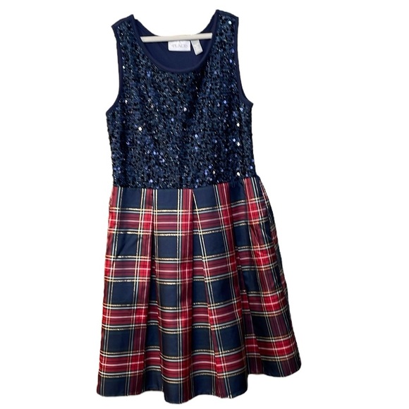 CHILDRENS PLACE UEC Girls Large (10/12) Blue Sequin Holiday Dress Plaid Skirt - Picture 2 of 14